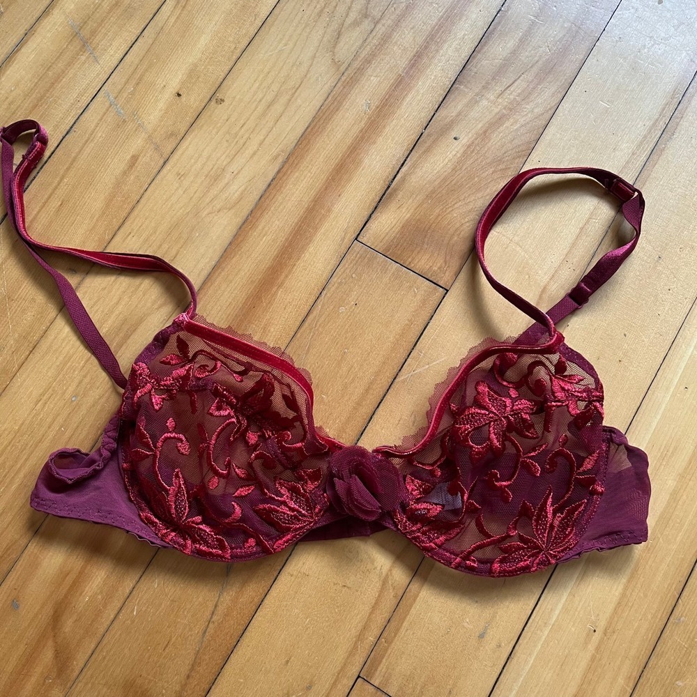 Vtg Maison Lejaby Burgundy Lace Floral Sheer Balconette Bra 34B